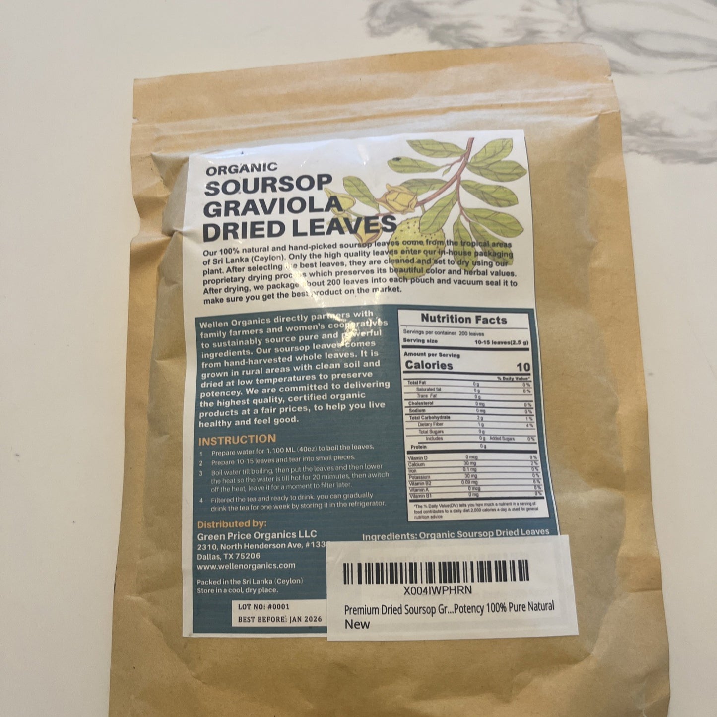 Wellen Organic 200 Organic Soursop Graviola Dried Leaves