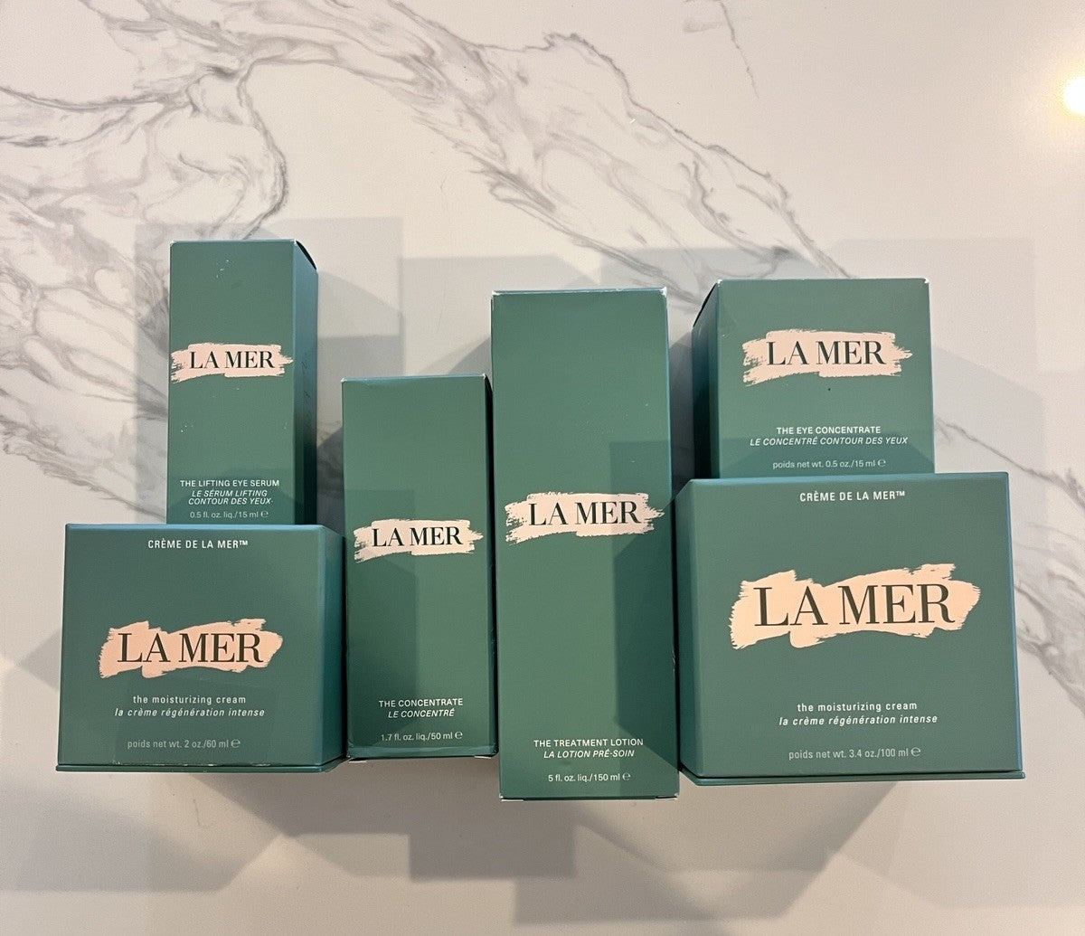 14 piece LA MER EMPTY Bundle Creme Eye Tonic Jars Bottles & Boxes Spatulas