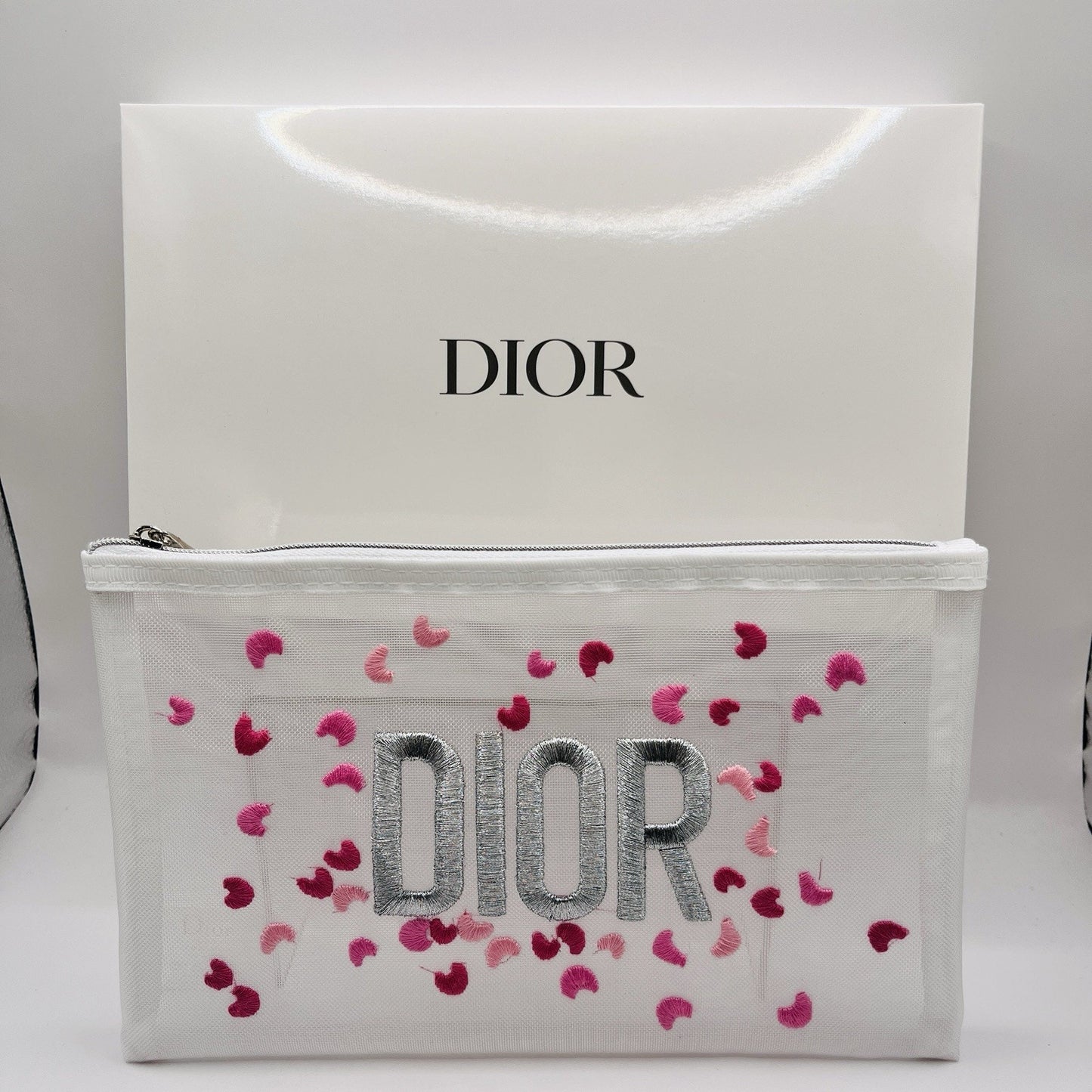 Christian Dior NEW Heart Mesh Embroidered Pouch Makeup Bag