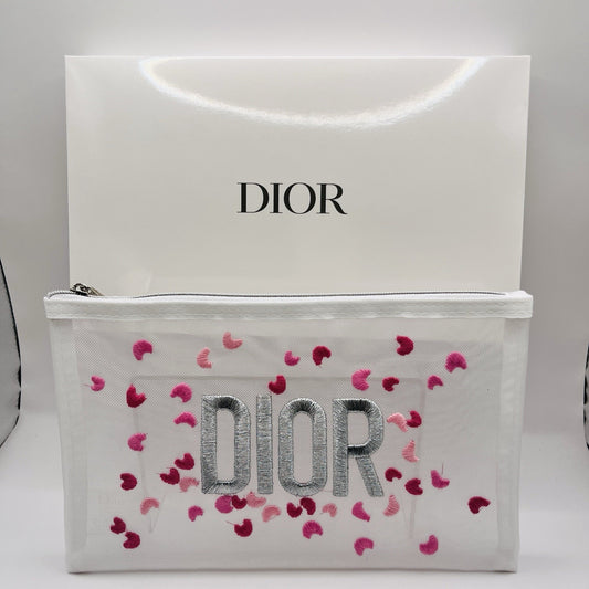 Christian Dior NEW Heart Mesh Embroidered Pouch Makeup Bag