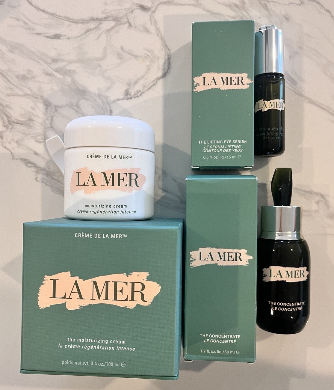 14 piece LA MER EMPTY Bundle Creme Eye Tonic Jars Bottles & Boxes Spatulas