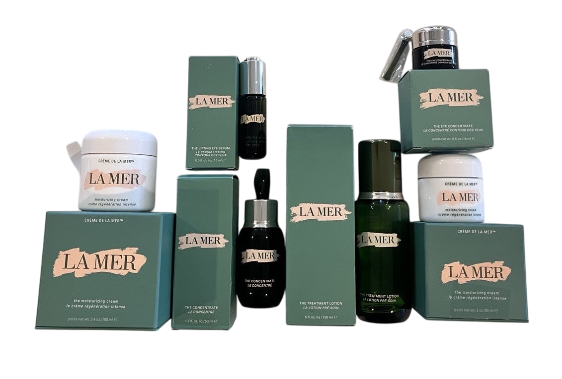 14 piece LA MER EMPTY Bundle Creme Eye Tonic Jars Bottles & Boxes Spatulas