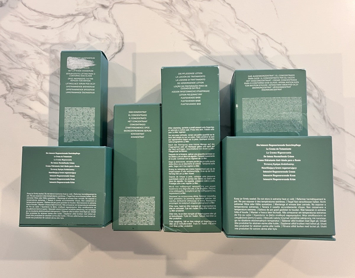 14 piece LA MER EMPTY Bundle Creme Eye Tonic Jars Bottles & Boxes Spatulas