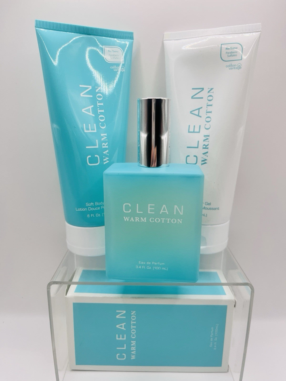 Clean Warm Cotton Set Parfum Spray 1 oz Body Lotion Shower Gel 6oz 3 pc Bundle