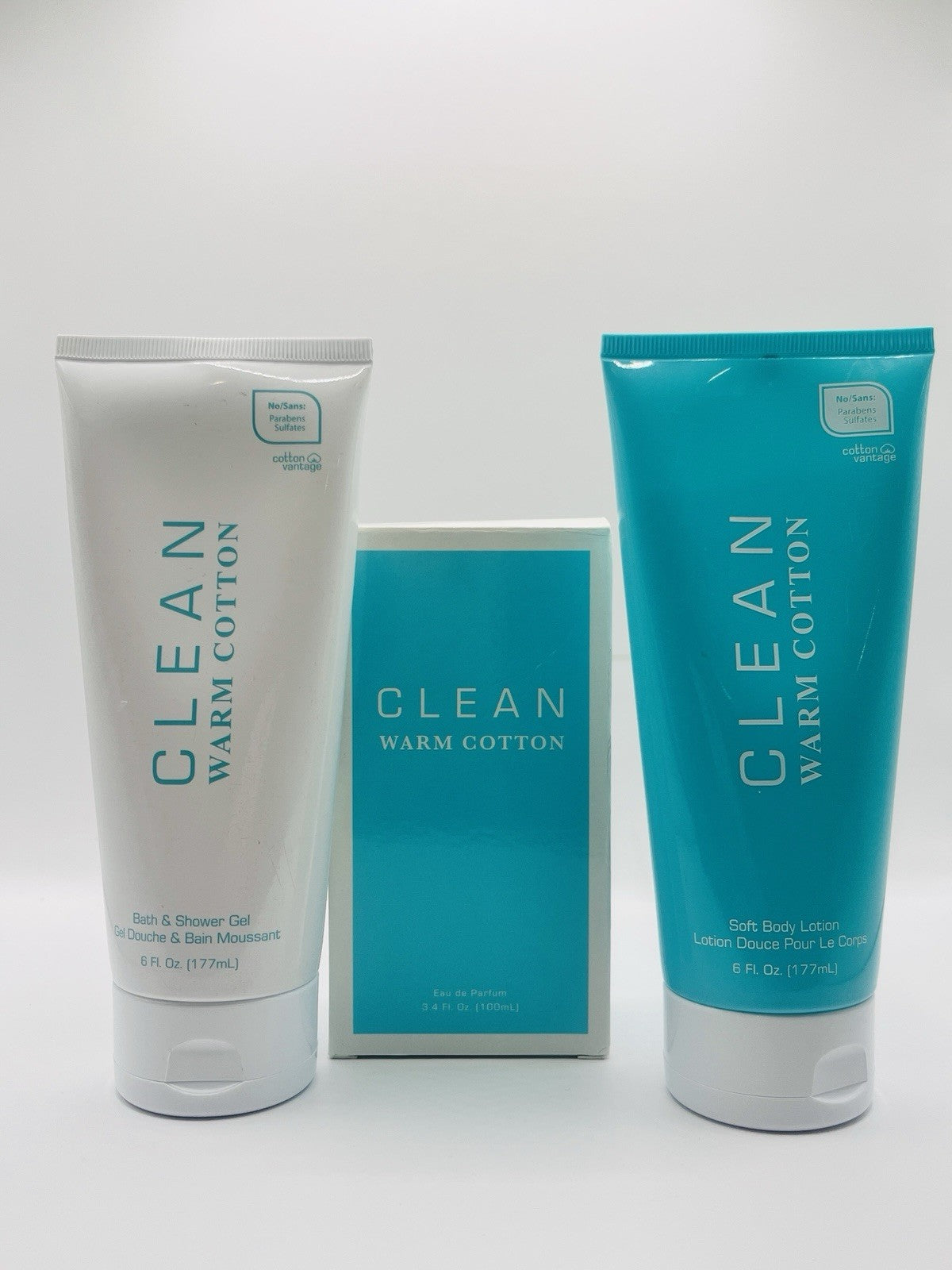 Clean Warm Cotton Set Parfum Spray 1 oz Body Lotion Shower Gel 6oz 3 pc Bundle