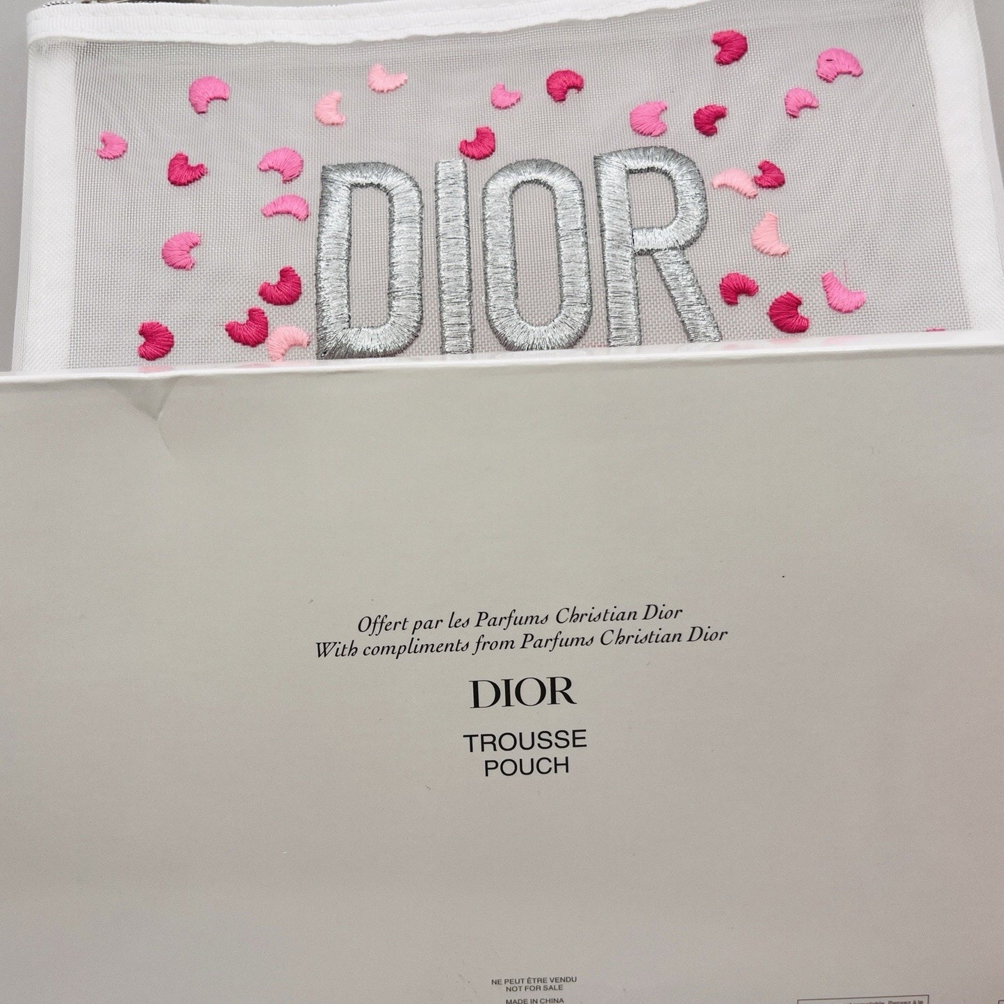 Christian Dior NEW Heart Mesh Embroidered Pouch Makeup Bag